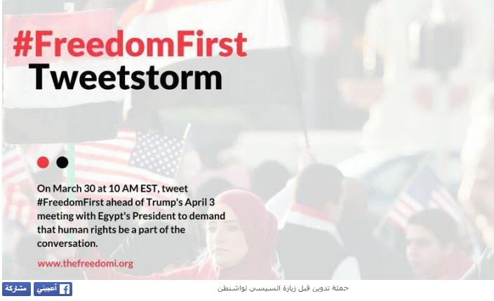 "FreedomFirst" تدعو للمشاركة في حملة تدوين قبل زيارة السيسي لواشنطن